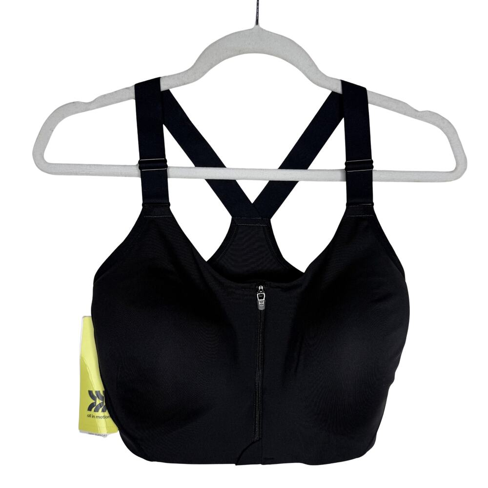All in Motion Zip Front Sports Bra Size 36DD Black Athletic Activewear Workout